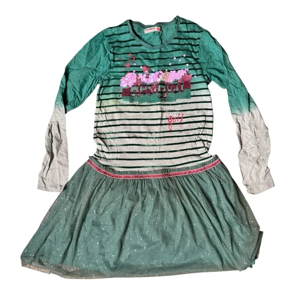 Desigual Girls Kids Dress Teal Green Striped Tulle Skirt Sparkles Long Sleeve